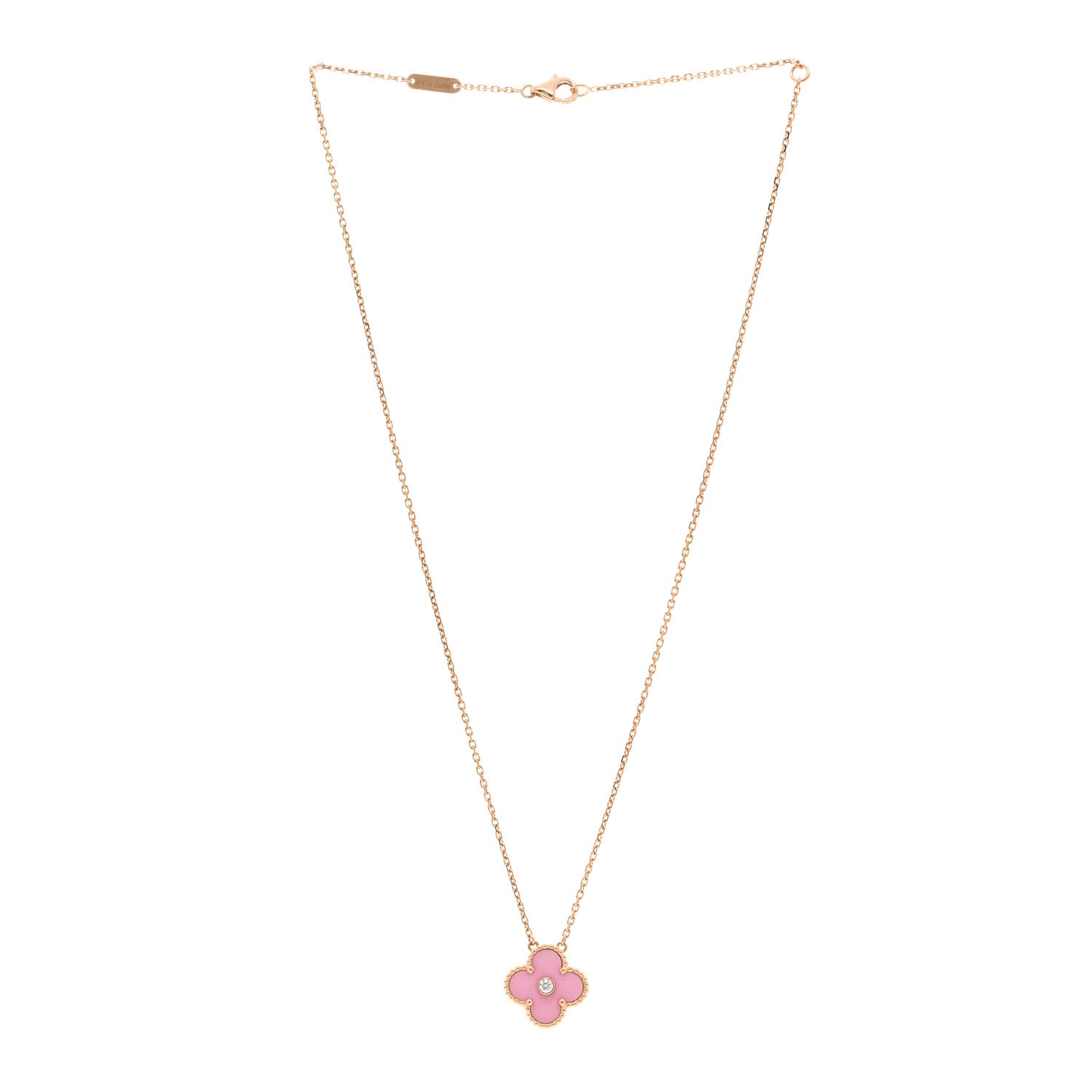 Van Cleef & Arpels 18K Rose Gold Diamond Pink Porcelain Vintage Alhambra Pendant Necklace 3 of 7