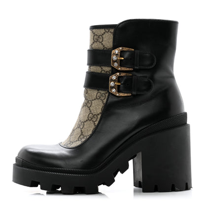 Gucci Kensington Calfskin Nappa GG Supreme Monogram Womens Double Buckle Ankle Boots 37.5 Black 1 of 14