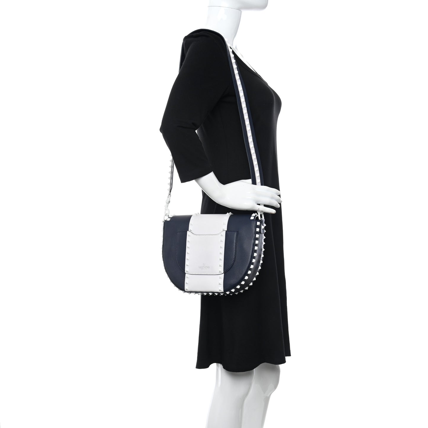 Vitello Colorblock Large Free Rockstud Halfmoon Saddle Bag Marine White