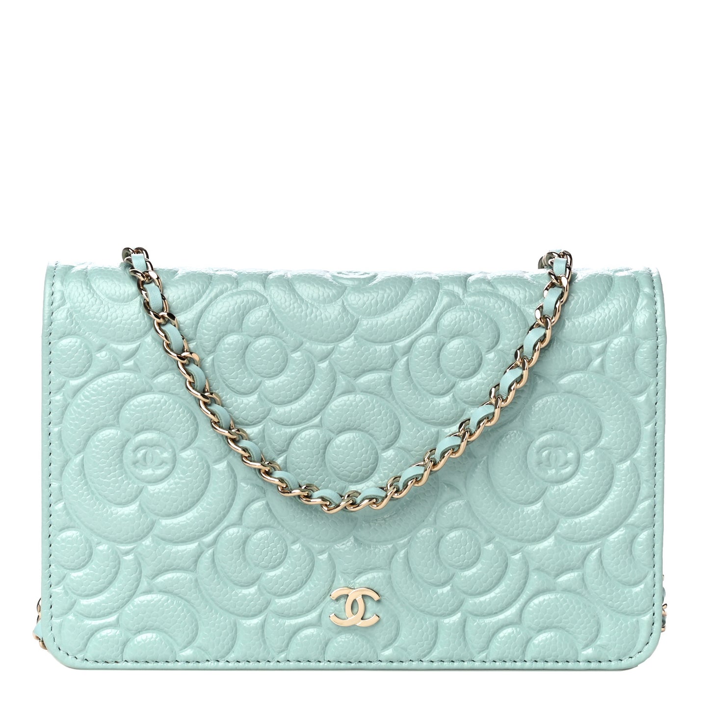 Caviar Camellia Embossed Wallet On Chain WOC Light Blue