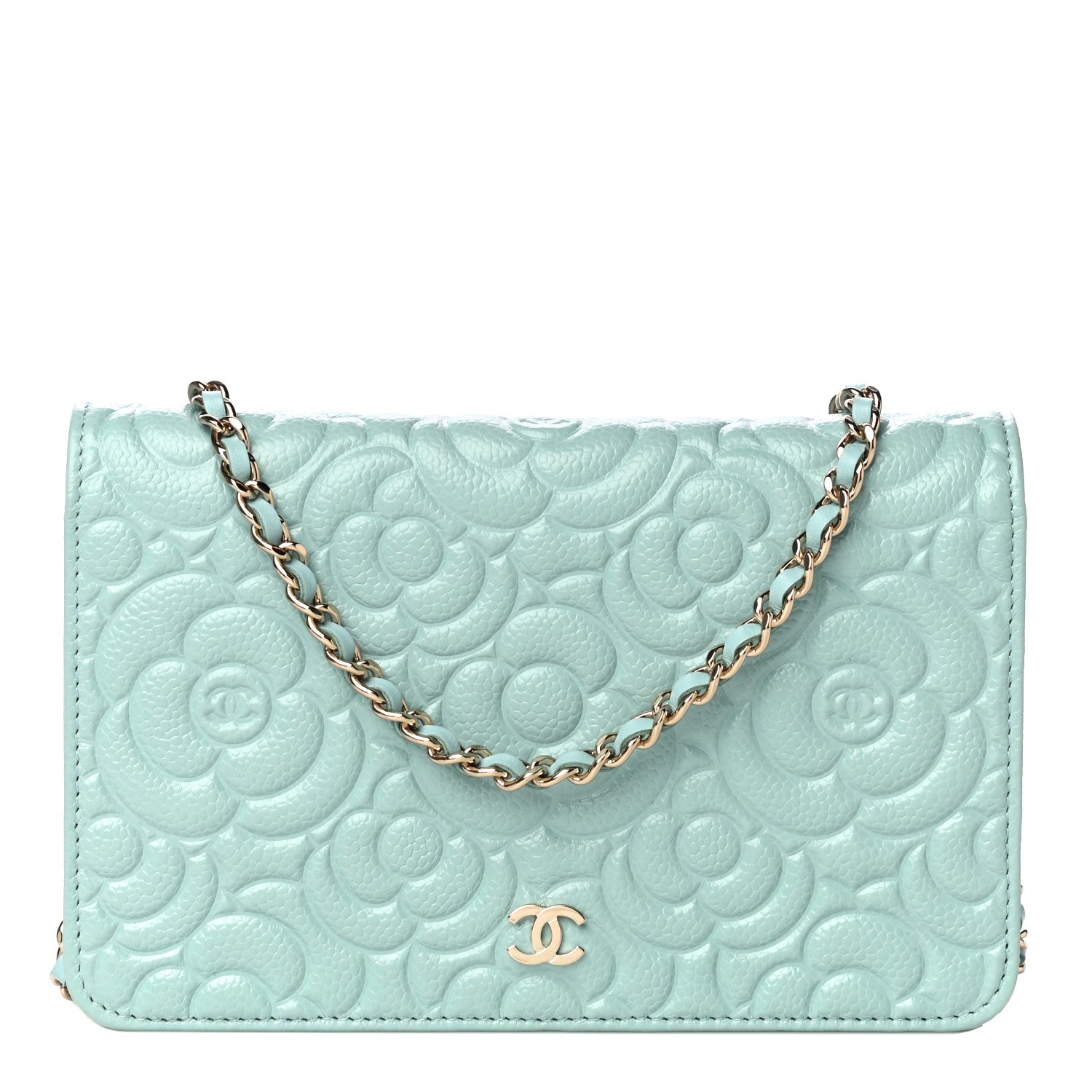 Chanel Caviar Camellia Embossed Wallet On Chain WOC Light Blue 1 of 15