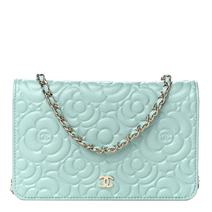 Chanel Caviar Camellia Embossed Wallet On Chain WOC Light Blue 1 of 15