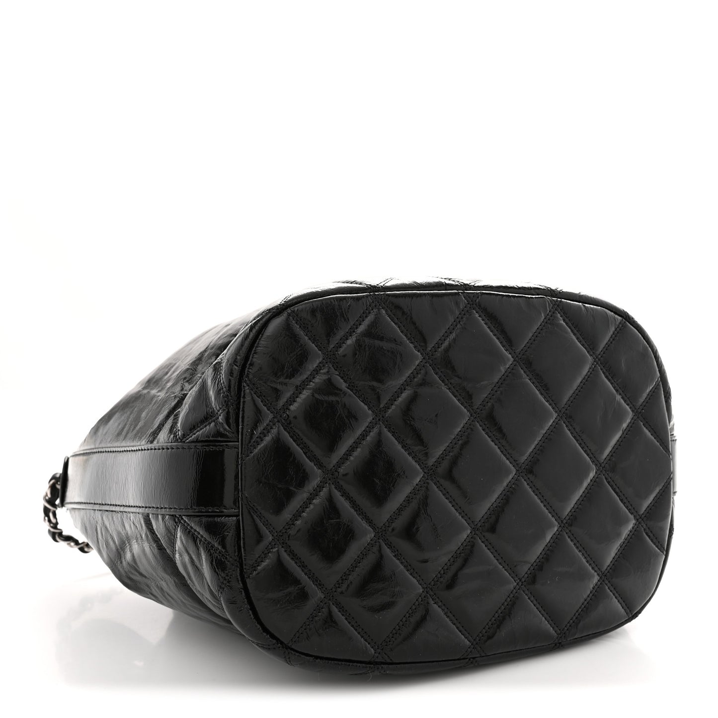 Shiny Aged Calfskin CC Chain Drawstring Bag Black