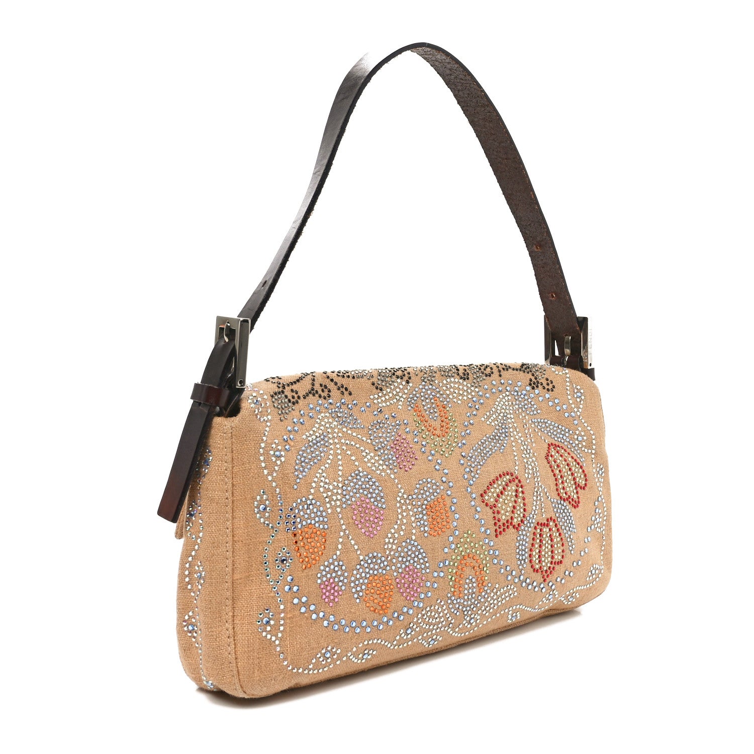 Fendi Linen Crystal Floral Beaded Baguette Beige Multicolor 3 of 11