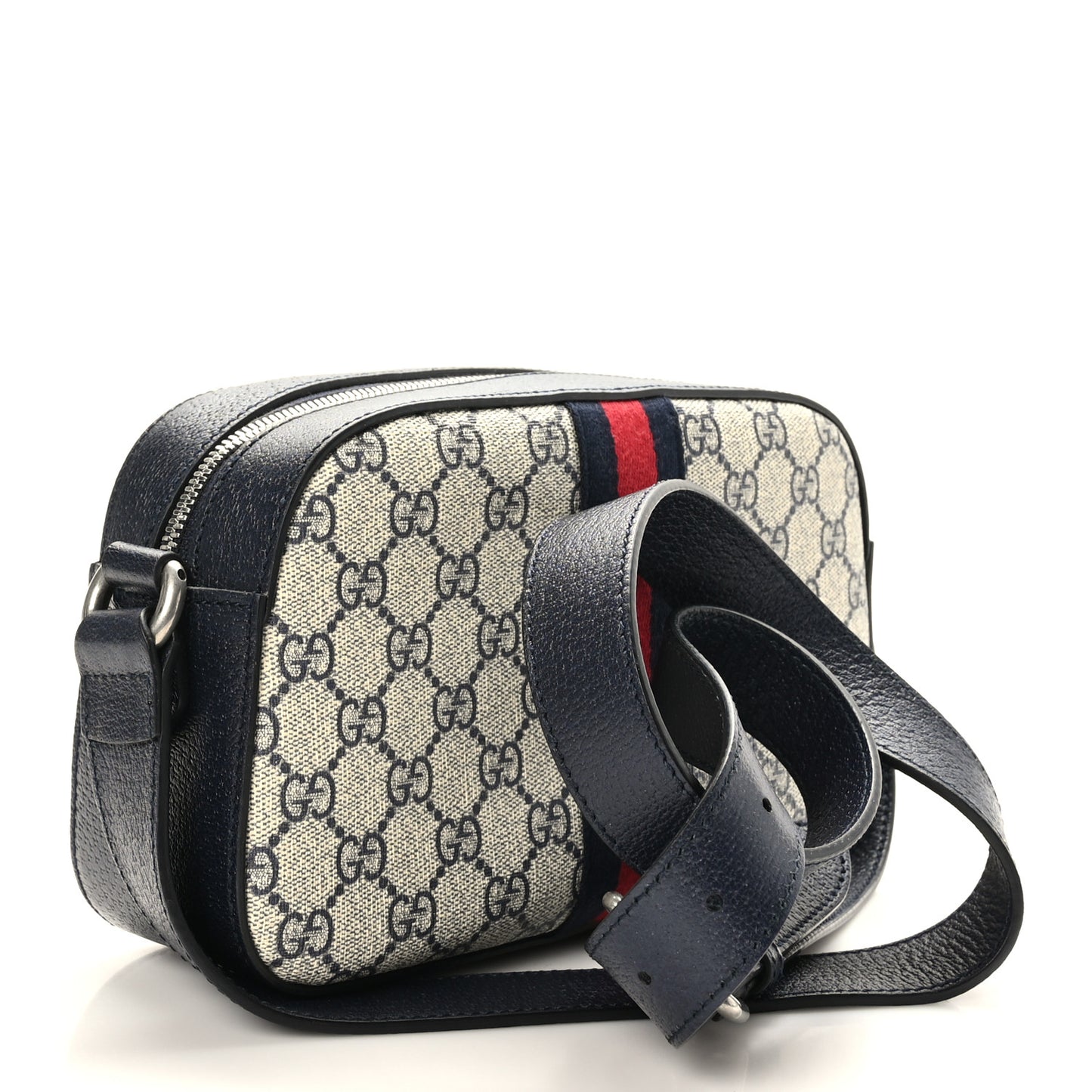 GG Supreme Monogram Textured Dollar Calfskin Web Small Ophidia Camera Bag Beige Blue