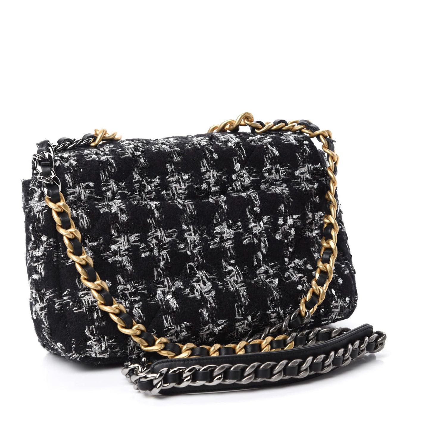 Tweed Quilted Medium Chanel 19 Flap Black Silver Ecru