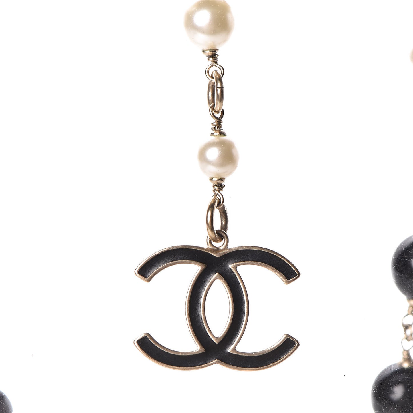 Pearl Bead Enamel CC Coco Long Necklace Black Gold