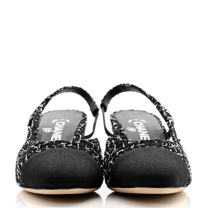 Chanel Tweed Grosgrain Cap Toe CC Slingback Pumps 38.5 Black White 2 of 12
