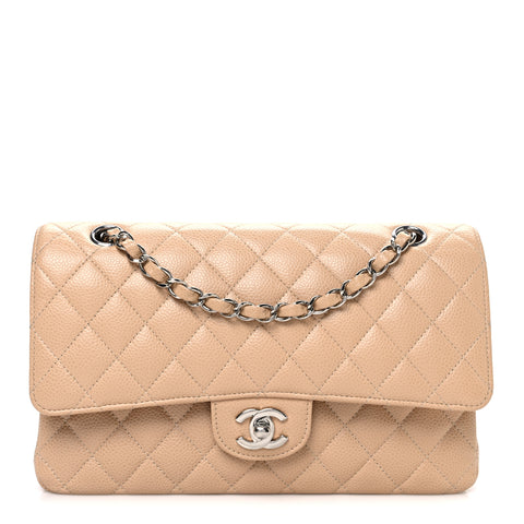 Caviar Quilted Medium Double Flap Beige