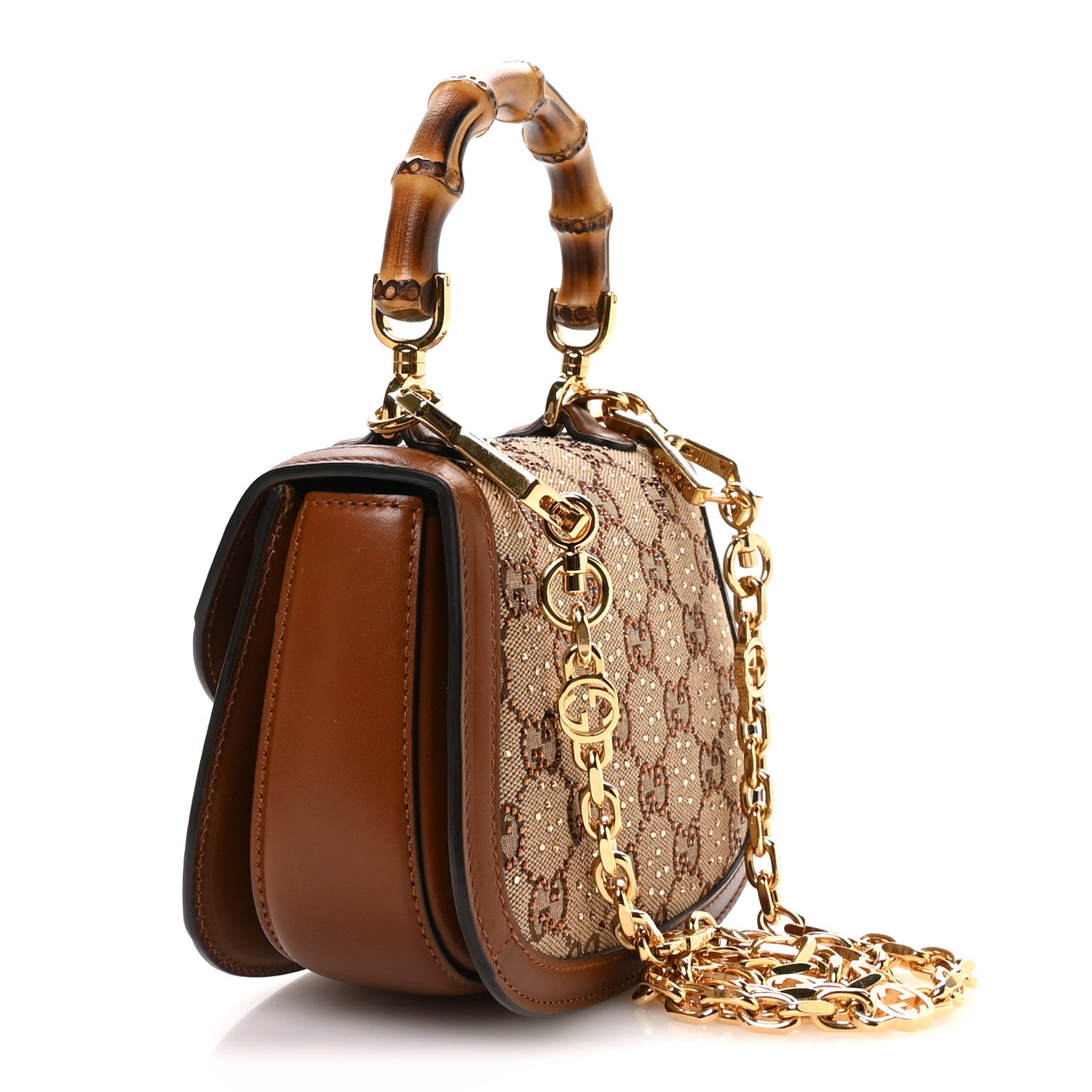 Gucci New Canvas Charisma Calfskin Crystal GG Monogram Small Bamboo 1947 Top Handle Bag Camel Ebony 3 of 11