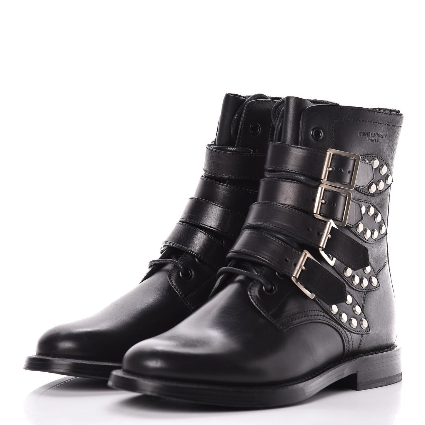 Smooth Calfskin Studded Strap Rangers Boots 37 Black