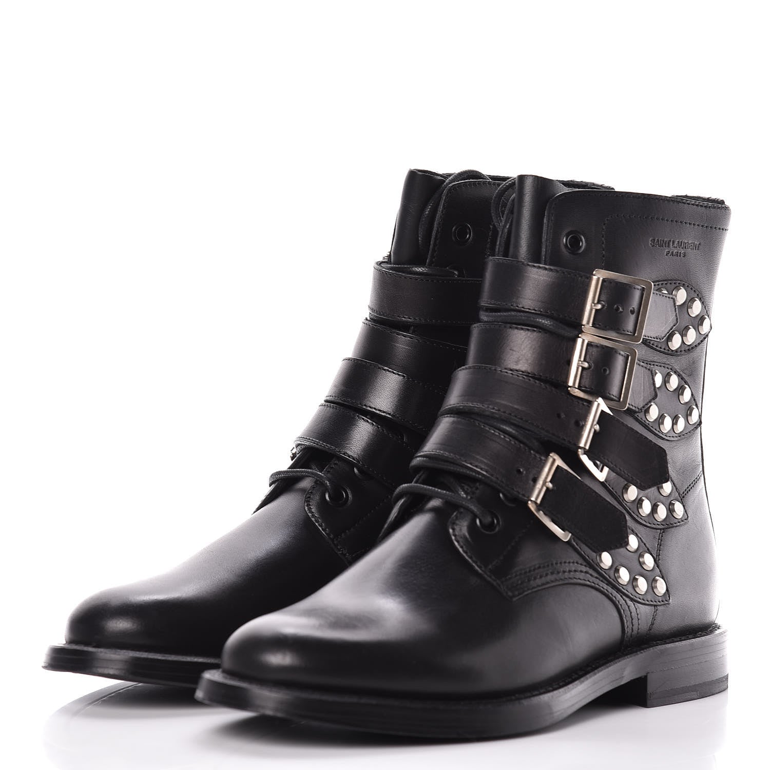 Saint Laurent Smooth Calfskin Studded Strap Rangers Boots 37 Black 3 of 11