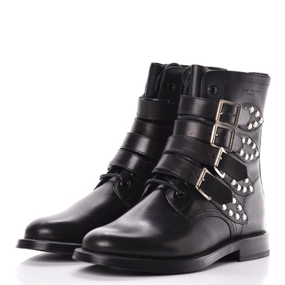 Saint Laurent Smooth Calfskin Studded Strap Rangers Boots 37 Black 3 of 11