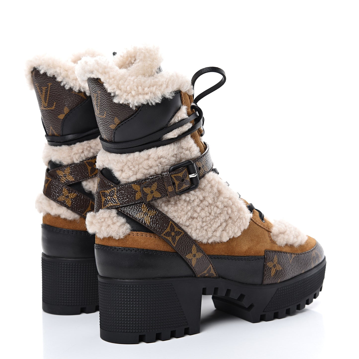 Suede Calfskin Shearling Monogram Laureate Platform Desert Boots 37 Cognac