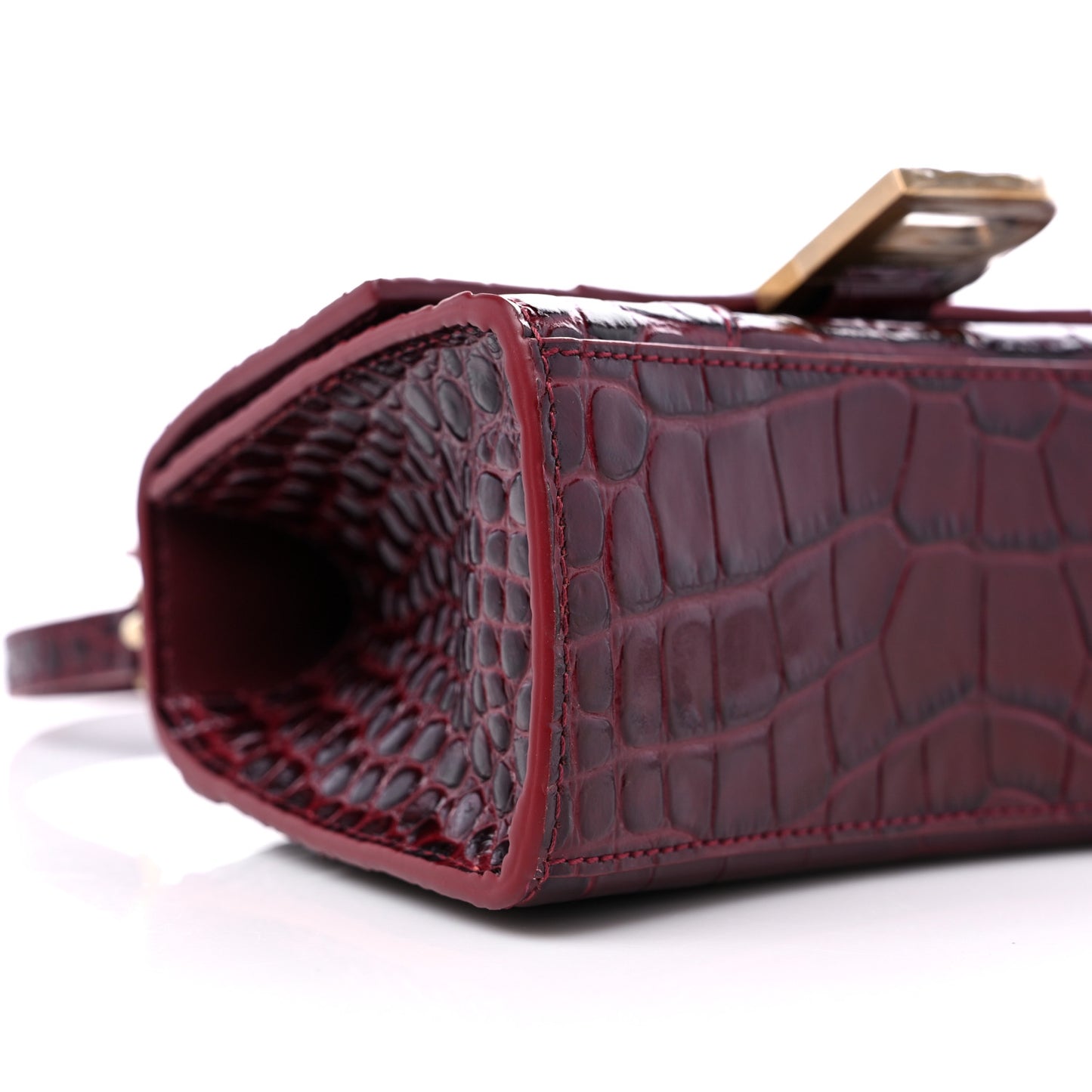 Shiny Calfskin Crocodile Embossed Hourglass Top Handle Bag XS Dark Red