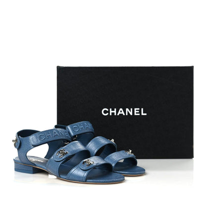 Chanel Iridescent Calfskin Logo CC Turnlock Sandals 37.5 Blue 10 of 10