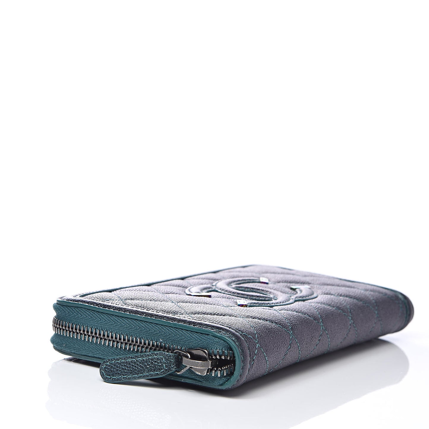 Iridescent Caviar Quilted Large Filigree Zip Around Wallet Dark Turquoise