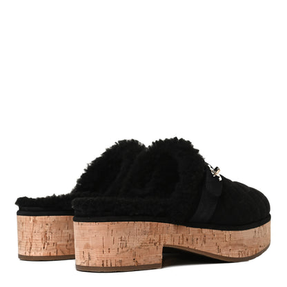 Chanel Suede Calfskin Shearling Turn Lock Clogs 38 Black 4 of 12