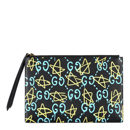 Gucci Calfskin GucciGhost Print Pouch Black New Acquamarine 3 of 6