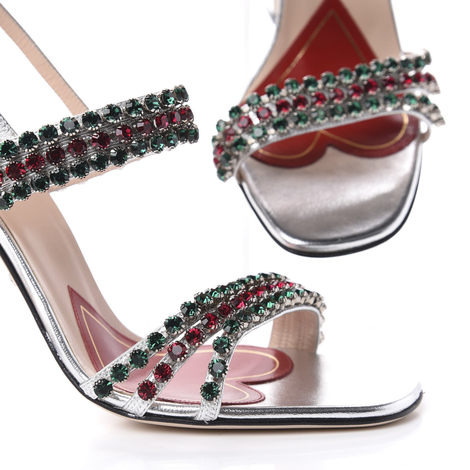 Gucci Nappa Silk Crystal Bertie High Heel Sandals 37.5 Argento 9 of 10