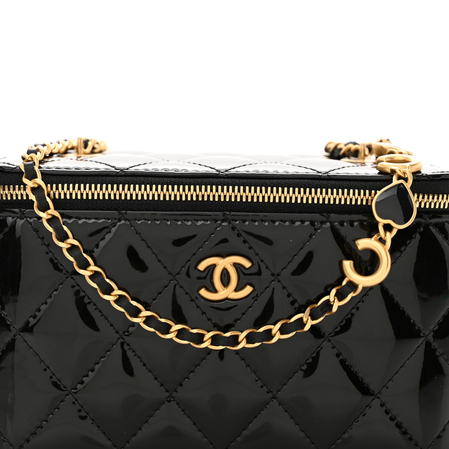 atent Enamel Quilted Small Coco Hearts Vanity Case With Chain Black
