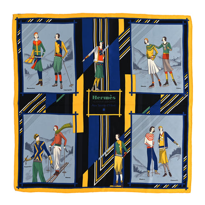 Hermes Silk Aux Sports d'Hiver Scarf 70 Bleu Jean Gris Rouge 1 of 5