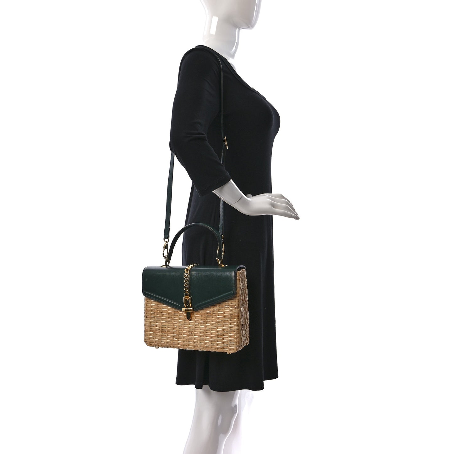 Wicker Calfskin Small Sylvie Top Handle Bag Naturale Green