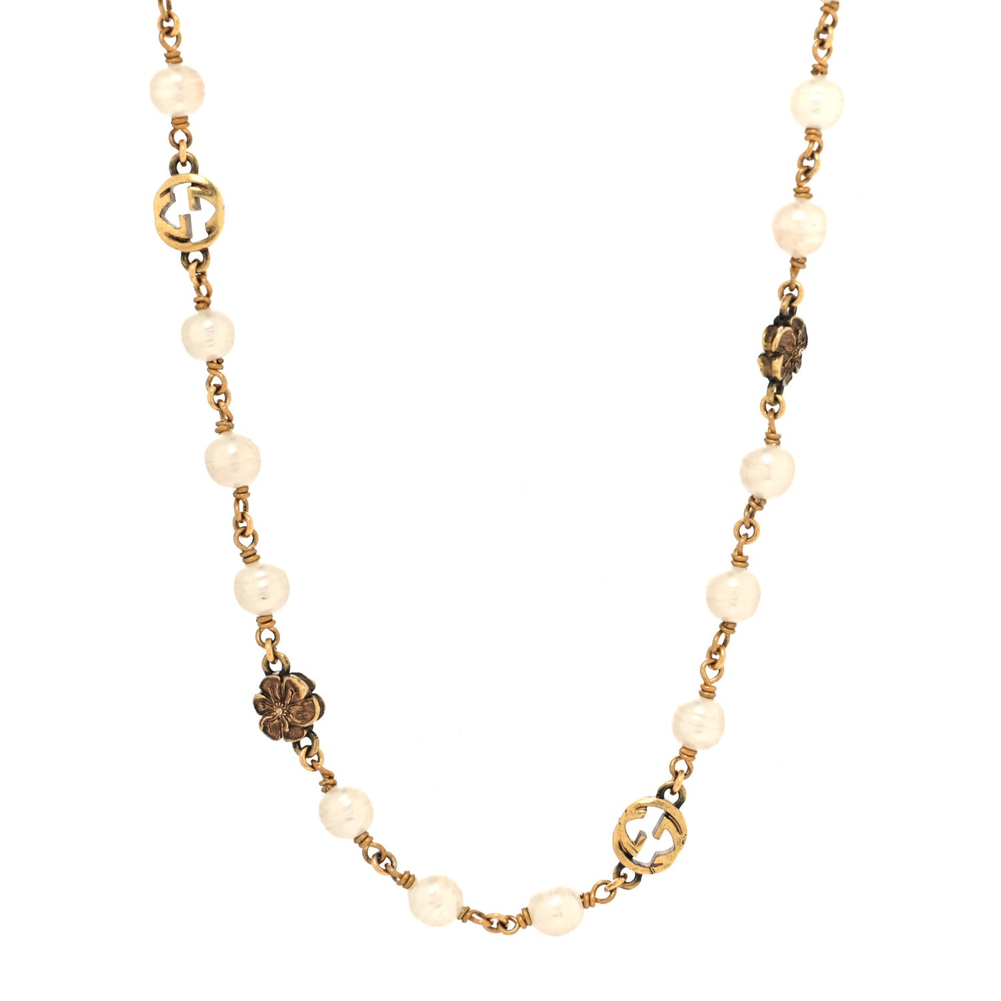 Metal Pearl Interlocking G Flower Necklace Gold