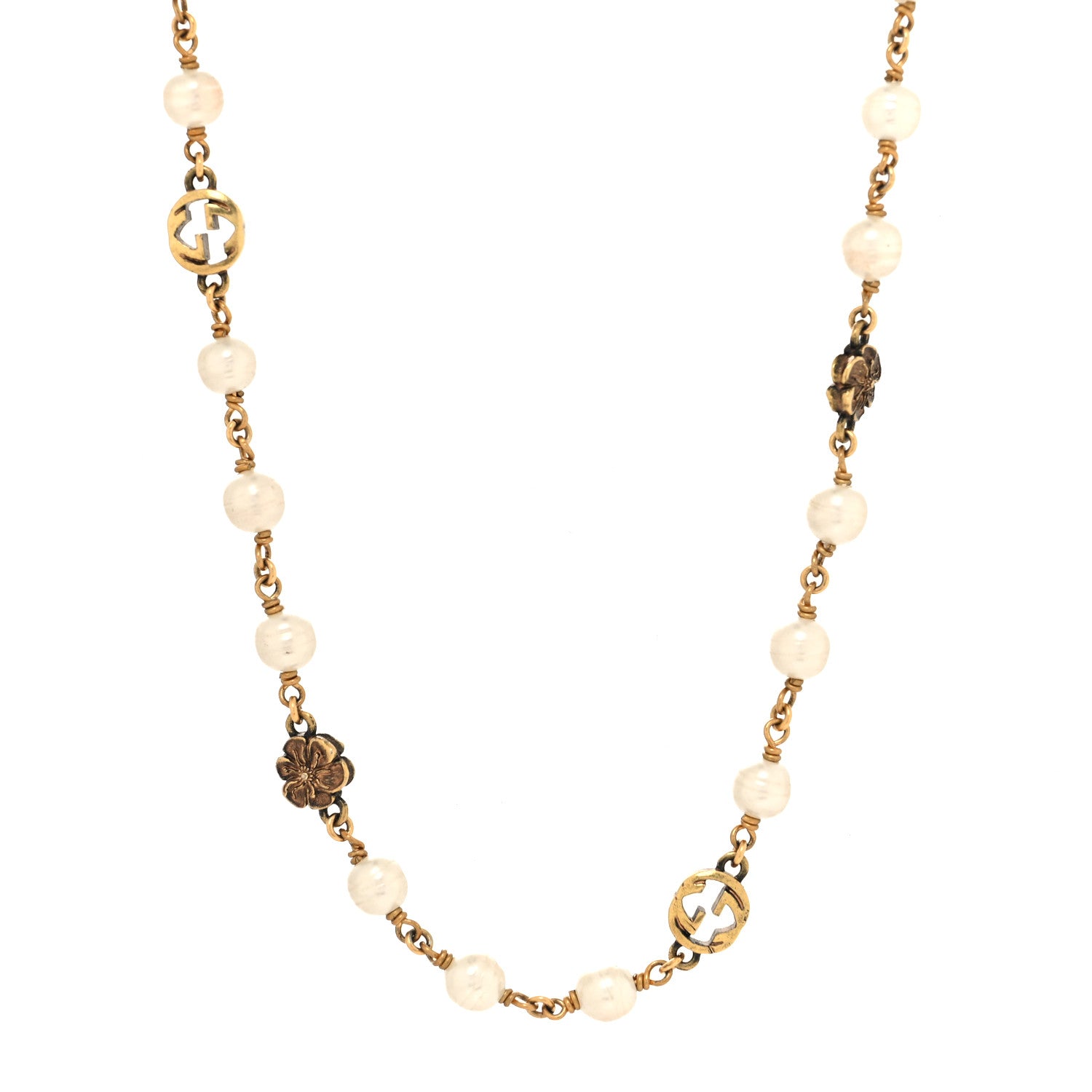 Gucci Metal Pearl Interlocking G Flower Necklace Gold 1 of 4