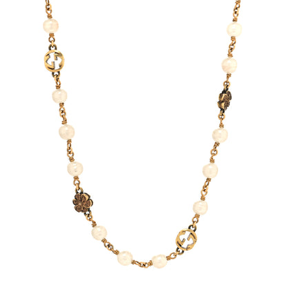 Gucci Metal Pearl Interlocking G Flower Necklace Gold 1 of 4