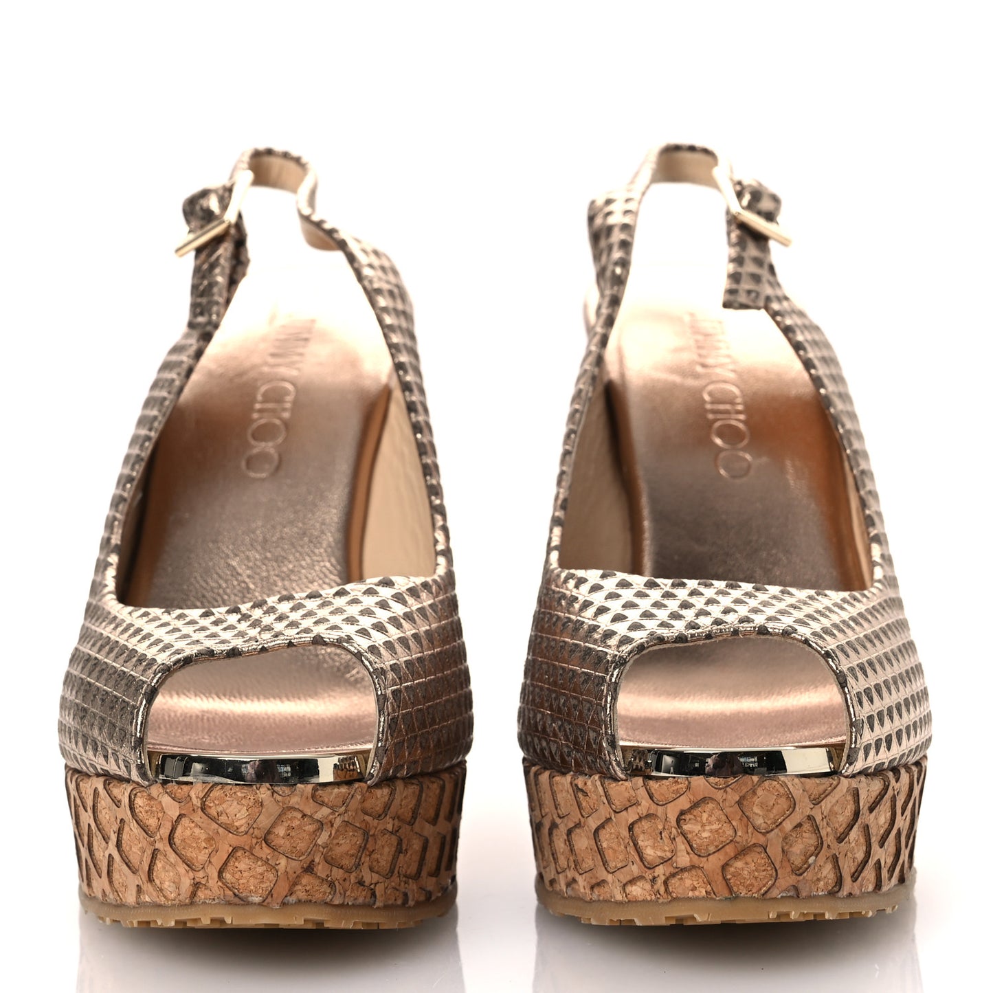 Metallic Embossed Calfskin Pacific 120mm Peep-Toe Cork Wedge Sandal 36 Gold