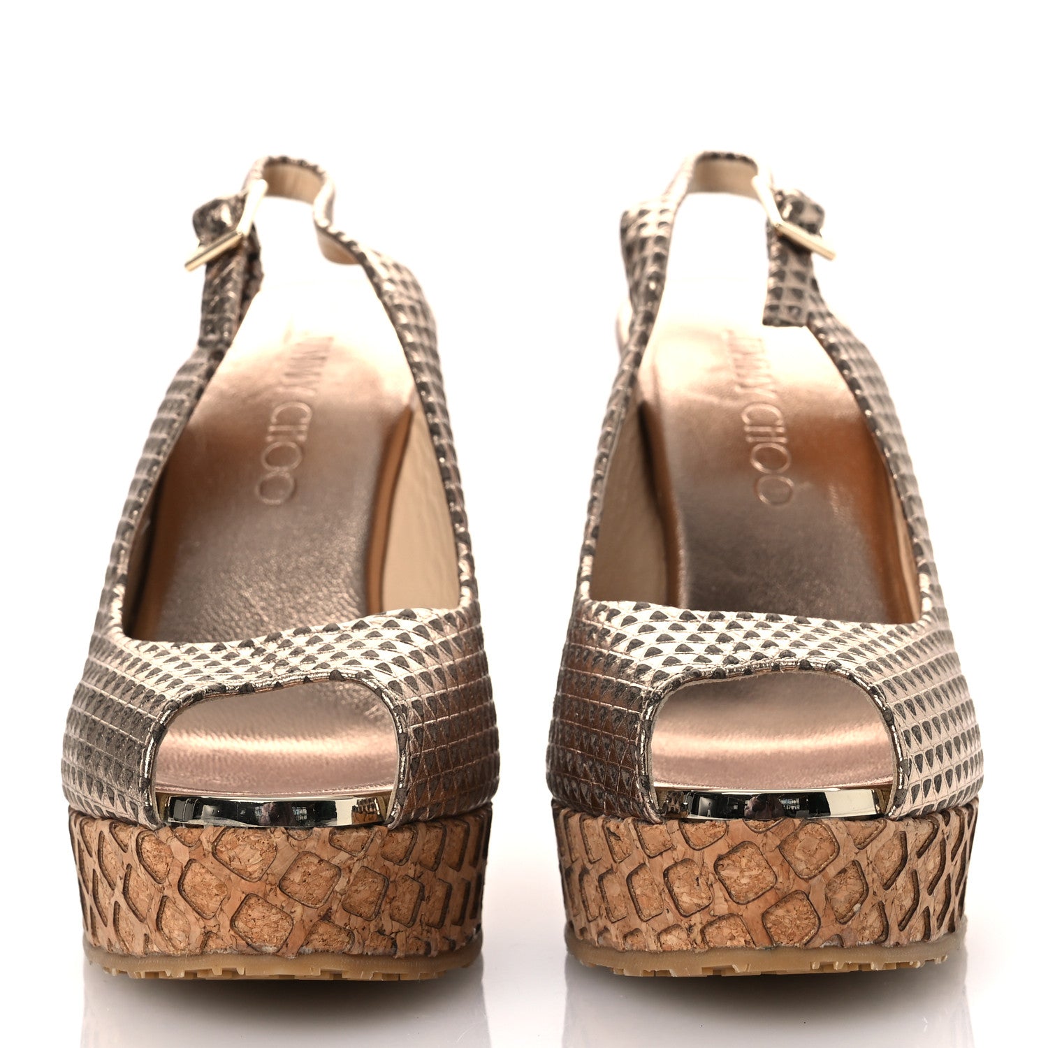 Jimmy Choo Metallic Embossed Calfskin Pacific 120mm Peep-Toe Cork Wedge Sandal 36 Gold 3 of 12