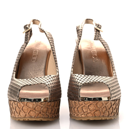 Jimmy Choo Metallic Embossed Calfskin Pacific 120mm Peep-Toe Cork Wedge Sandal 36 Gold 3 of 12