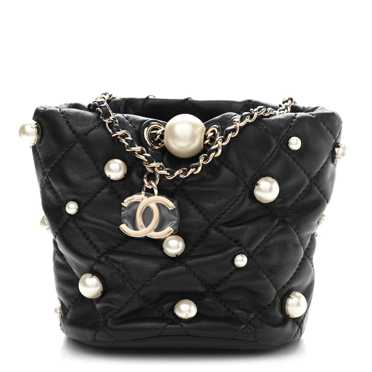 Lambskin Quilted Pearl Mini About Pearls Drawstring Bag Black