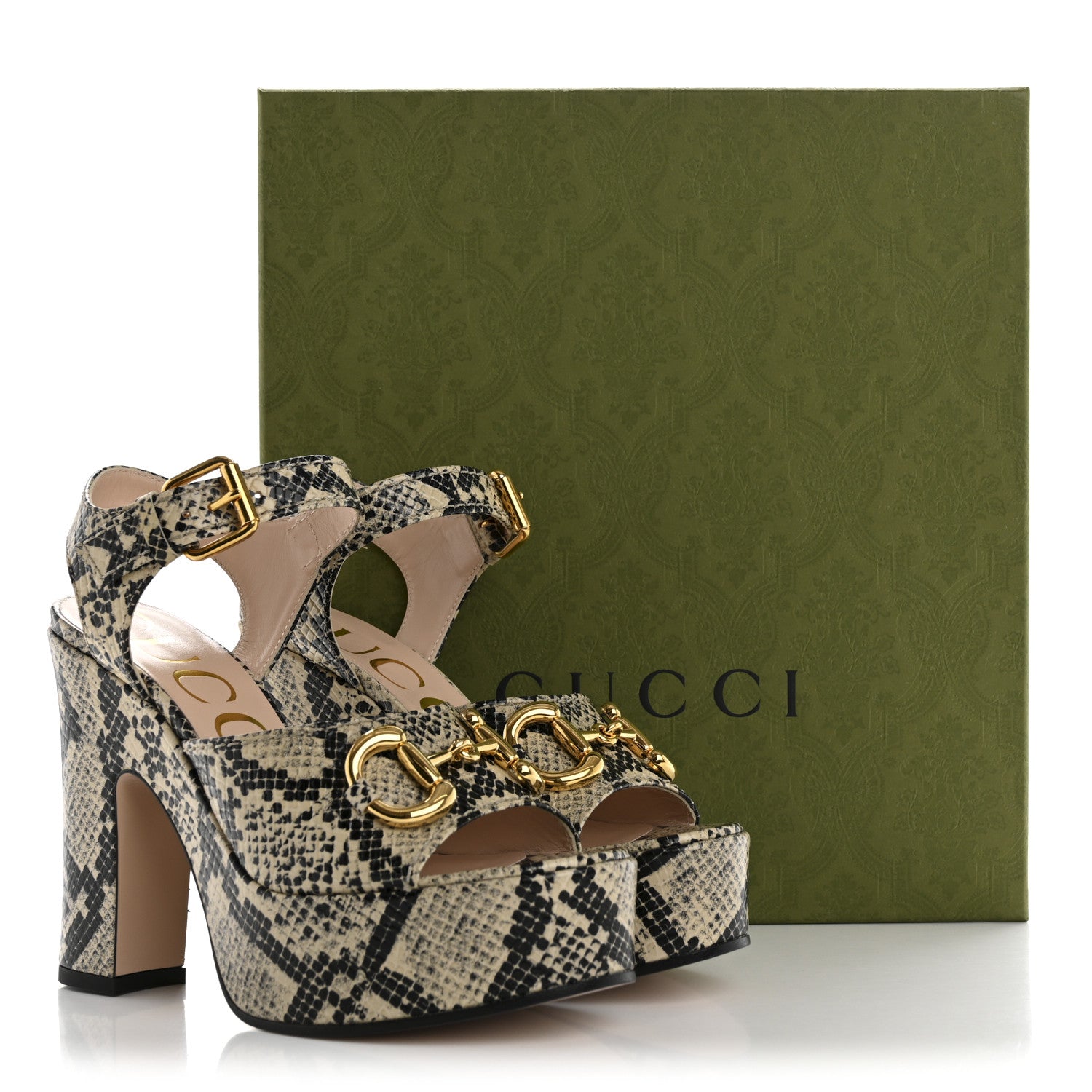 Gucci Calfskin Snakeskin Print Horsebit 40/135mm Platform Sandals 35.5 Beige Avana 10 of 10