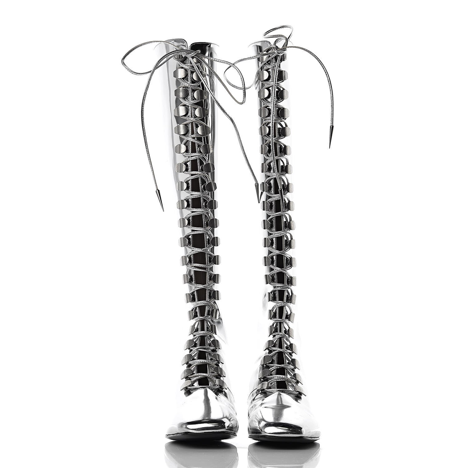 Christian Dior Mirror Finish Calfskin Hardior Lace Up Boots 35.5 Silver 2 of 9