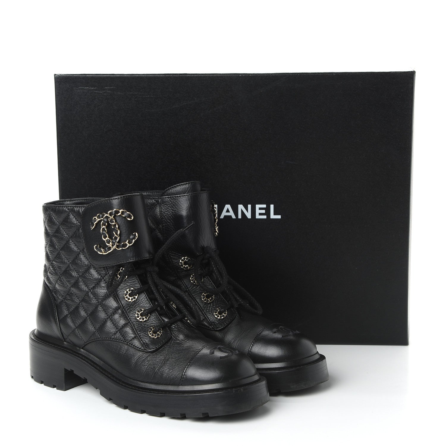 Chanel Shiny Goatskin Calfskin Quilted Lace Up Combat Boots 38 Black 9 of 9