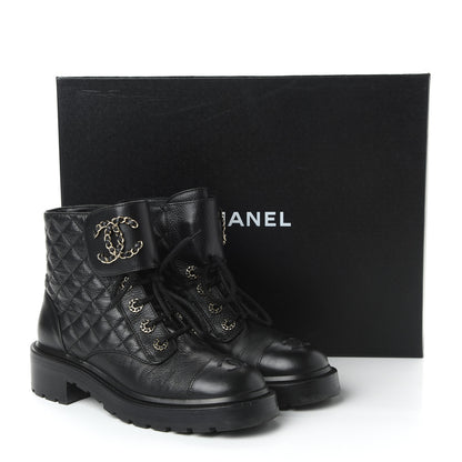Chanel Shiny Goatskin Calfskin Quilted Lace Up Combat Boots 38 Black 9 of 9