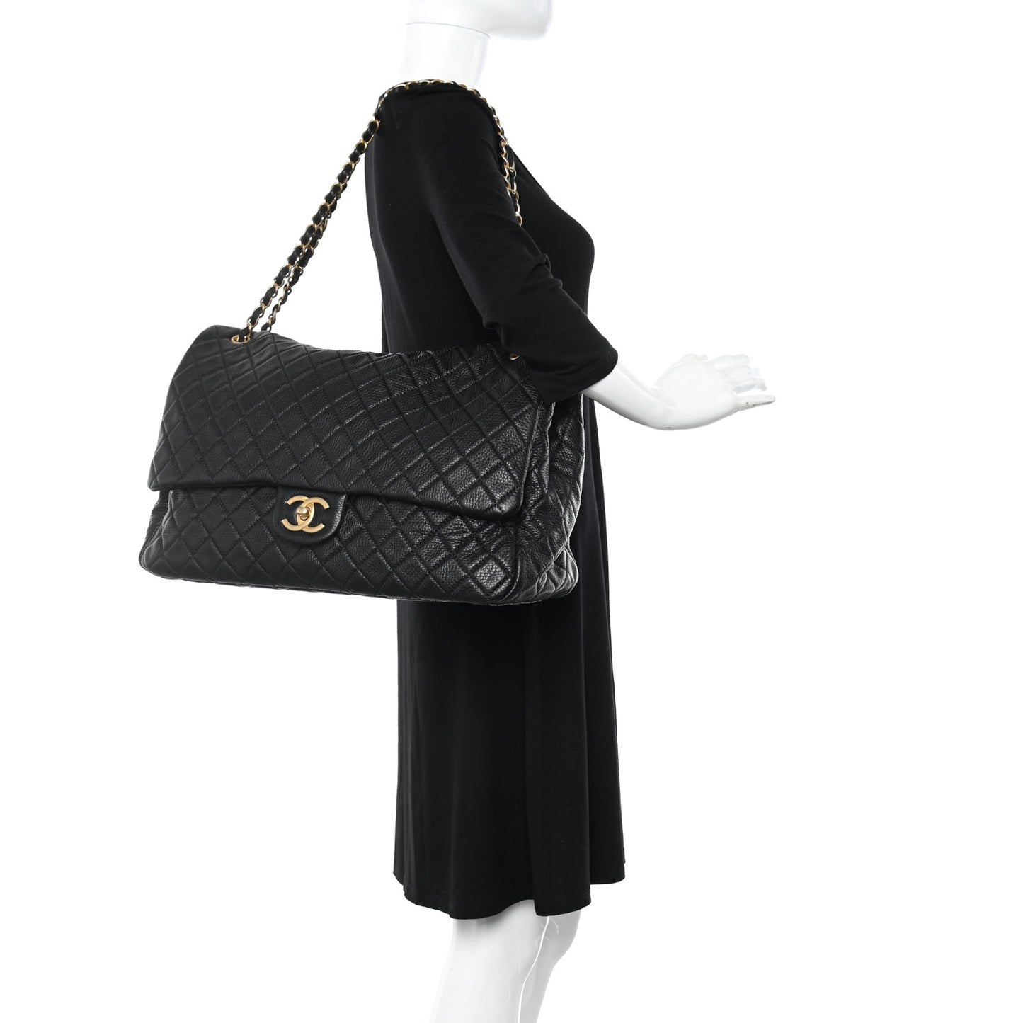 Calfskin Quilted XXL Travel Flap Bag Black