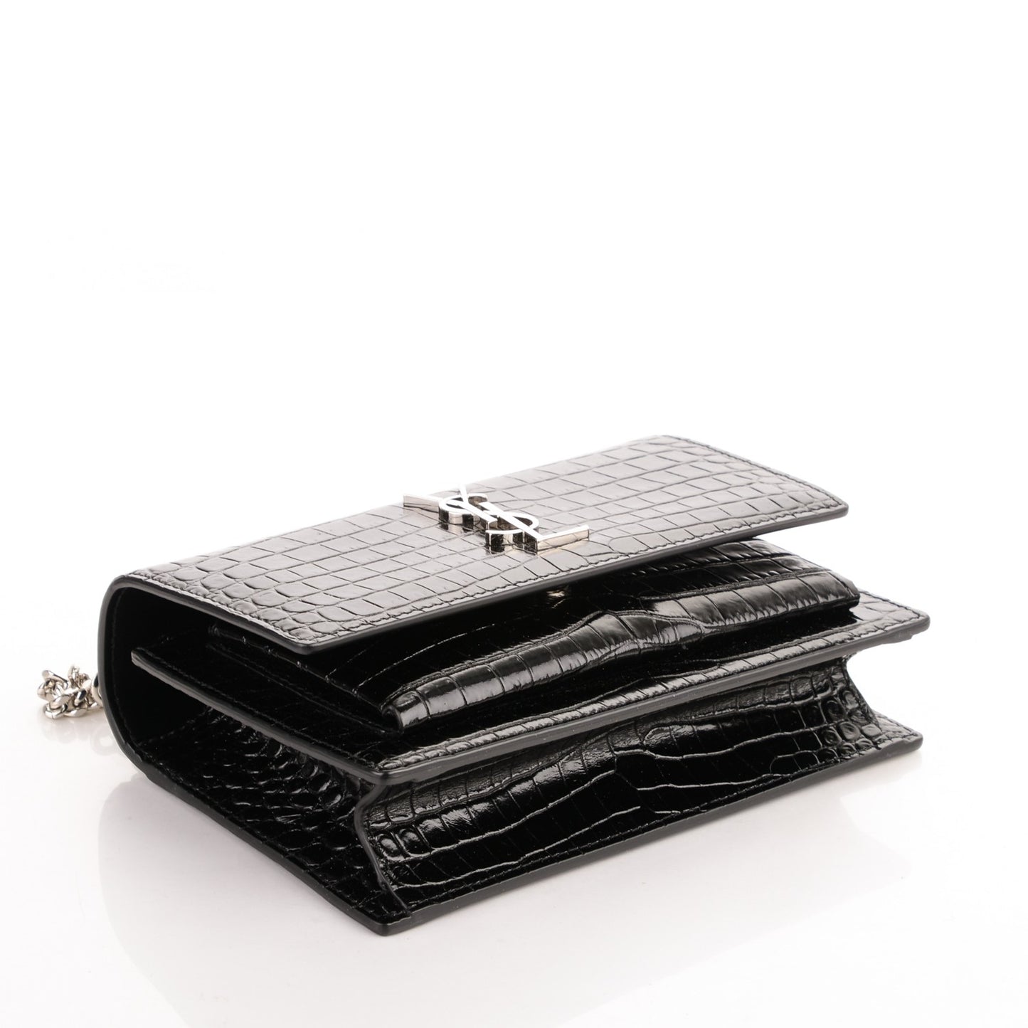 Calfskin Crocodile Embossed Monogram Sunset Chain Wallet Black