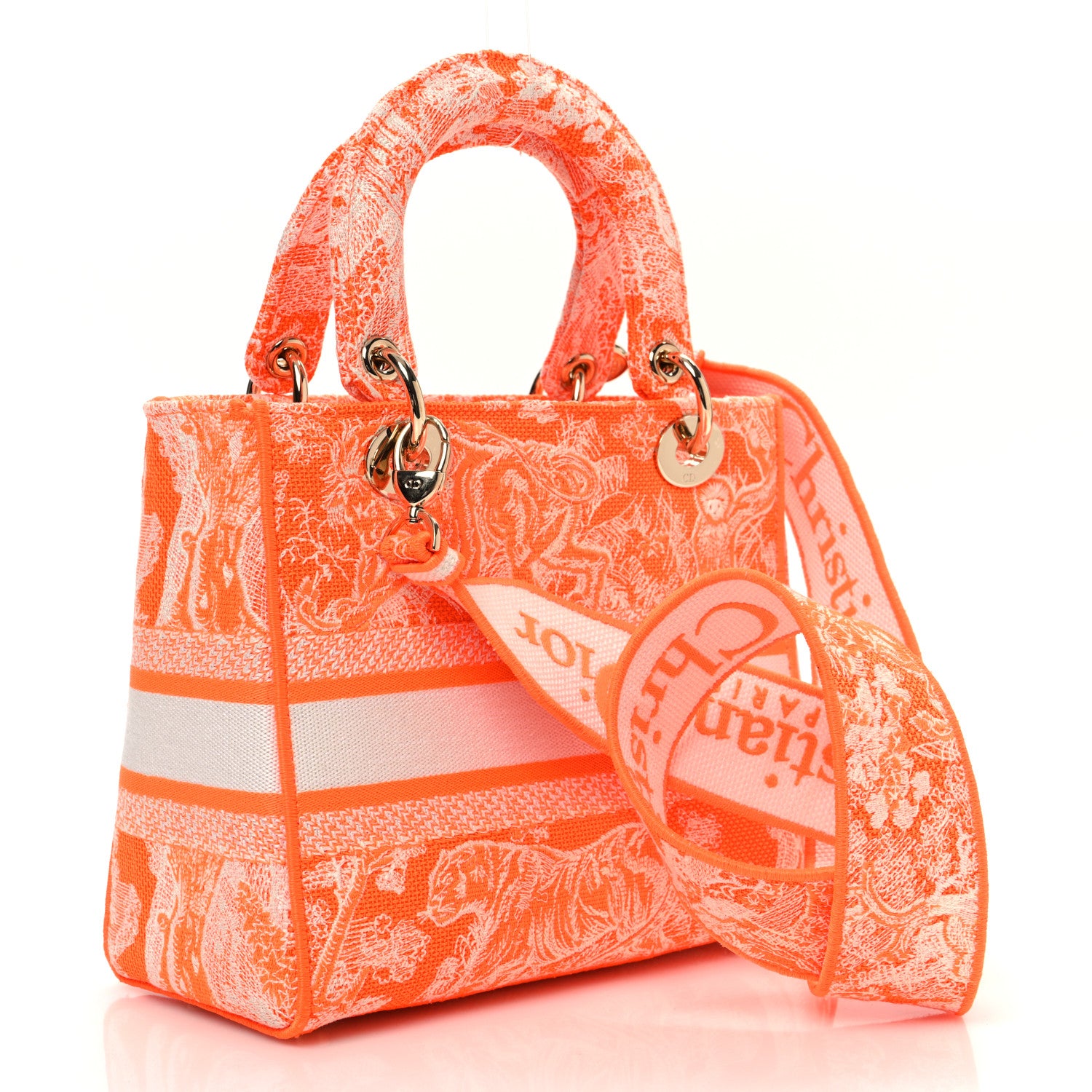 Christian Dior Canvas Toile De Jouy Reverse Embroidered Medium Lady D-Lite Fluorescent Orange 2 of 13