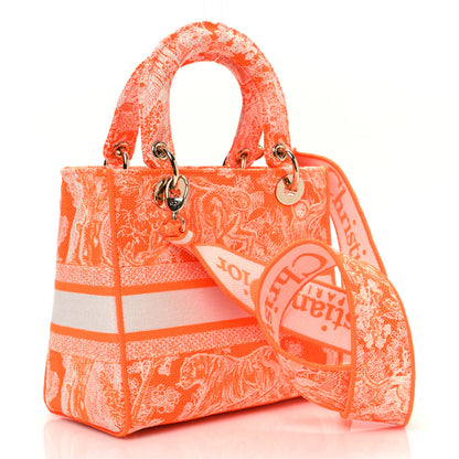 Christian Dior Canvas Toile De Jouy Reverse Embroidered Medium Lady D-Lite Fluorescent Orange 2 of 13