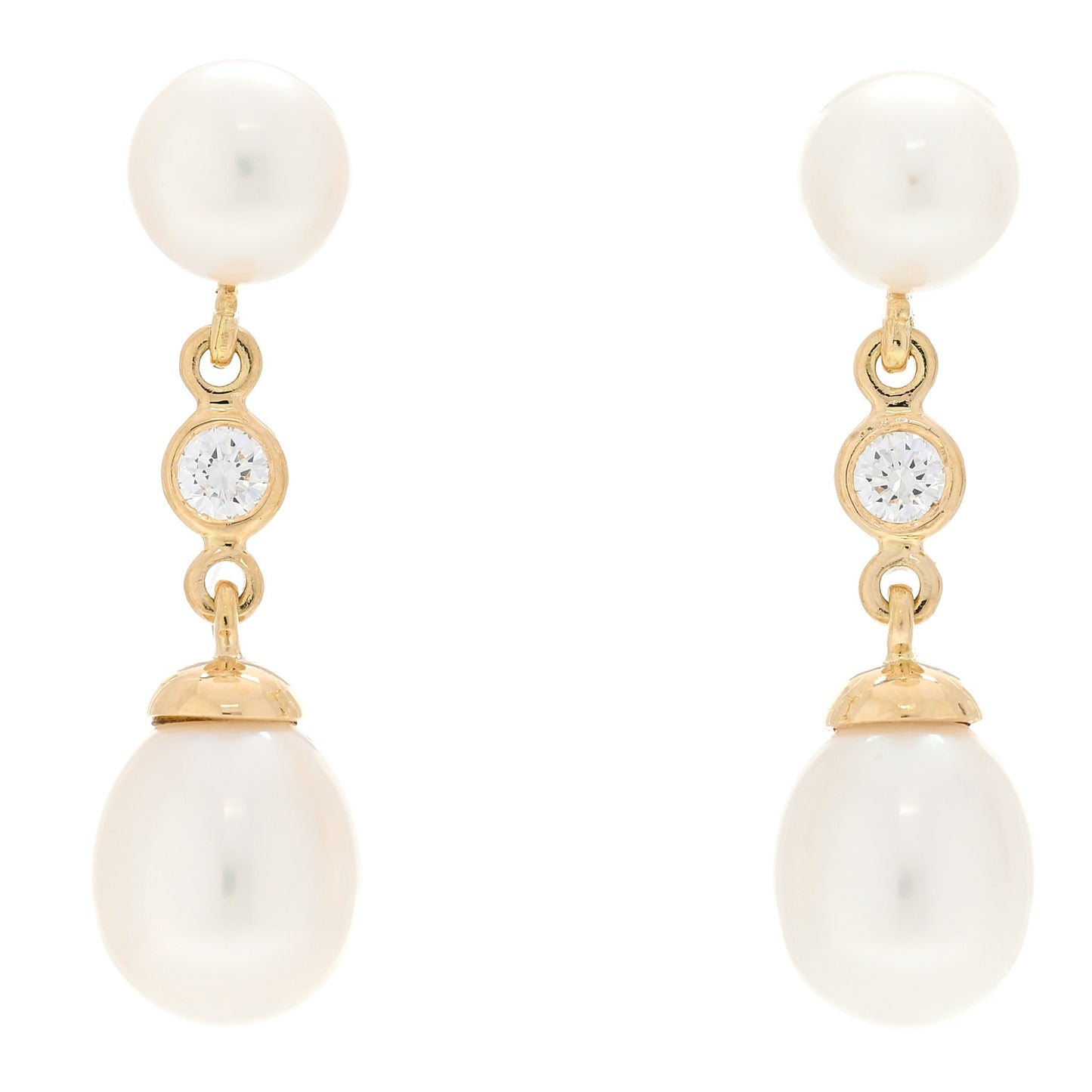 18K Yellow Gold Diamond Cultured Pearl Drop Earrings