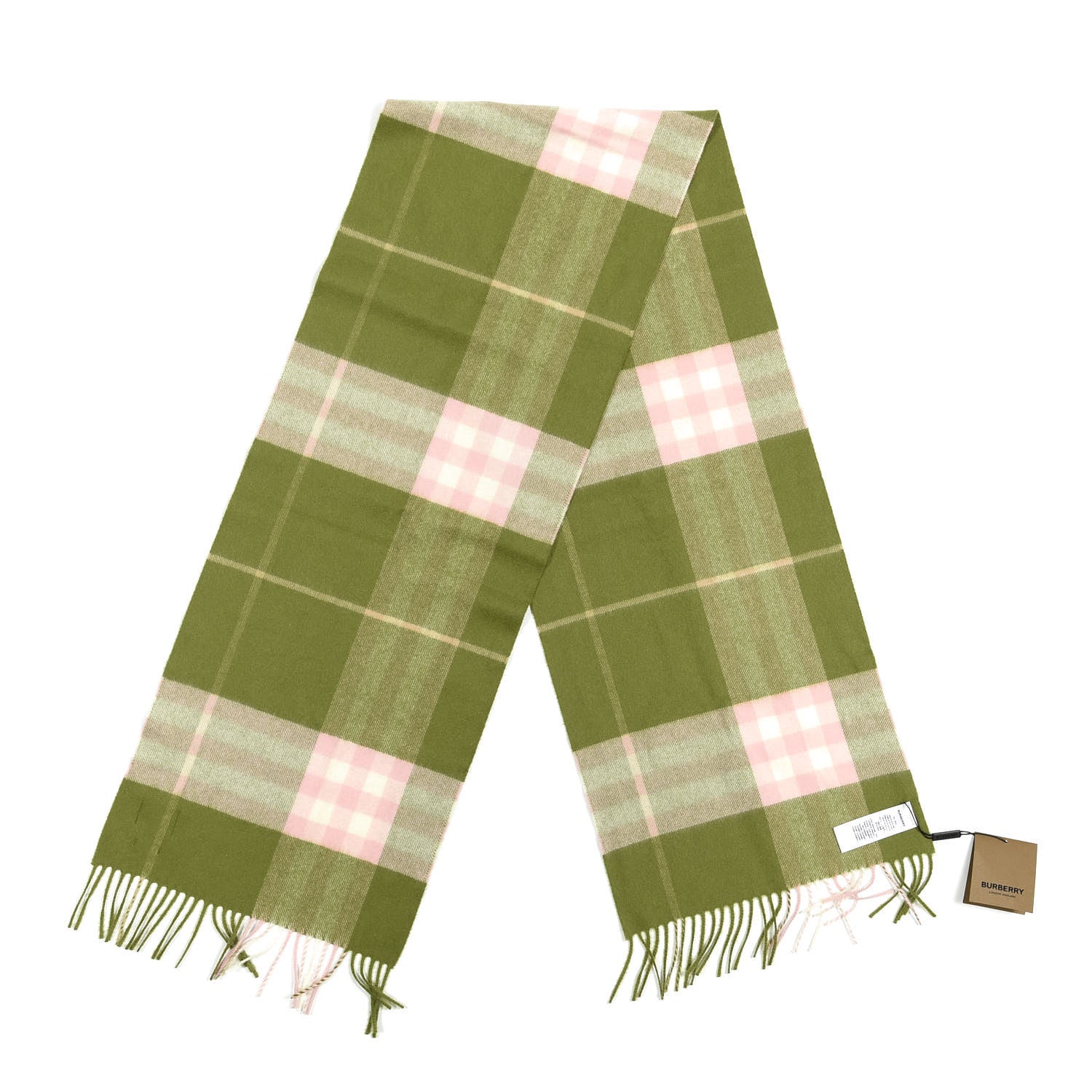 Burberry Cashmere Half Mega Check Fringe Scarf Green Tan Pink Cream 2 of 3