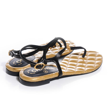 Chanel Leather Quilted CC Thong Sandals 37 Black Gold 4 of 7