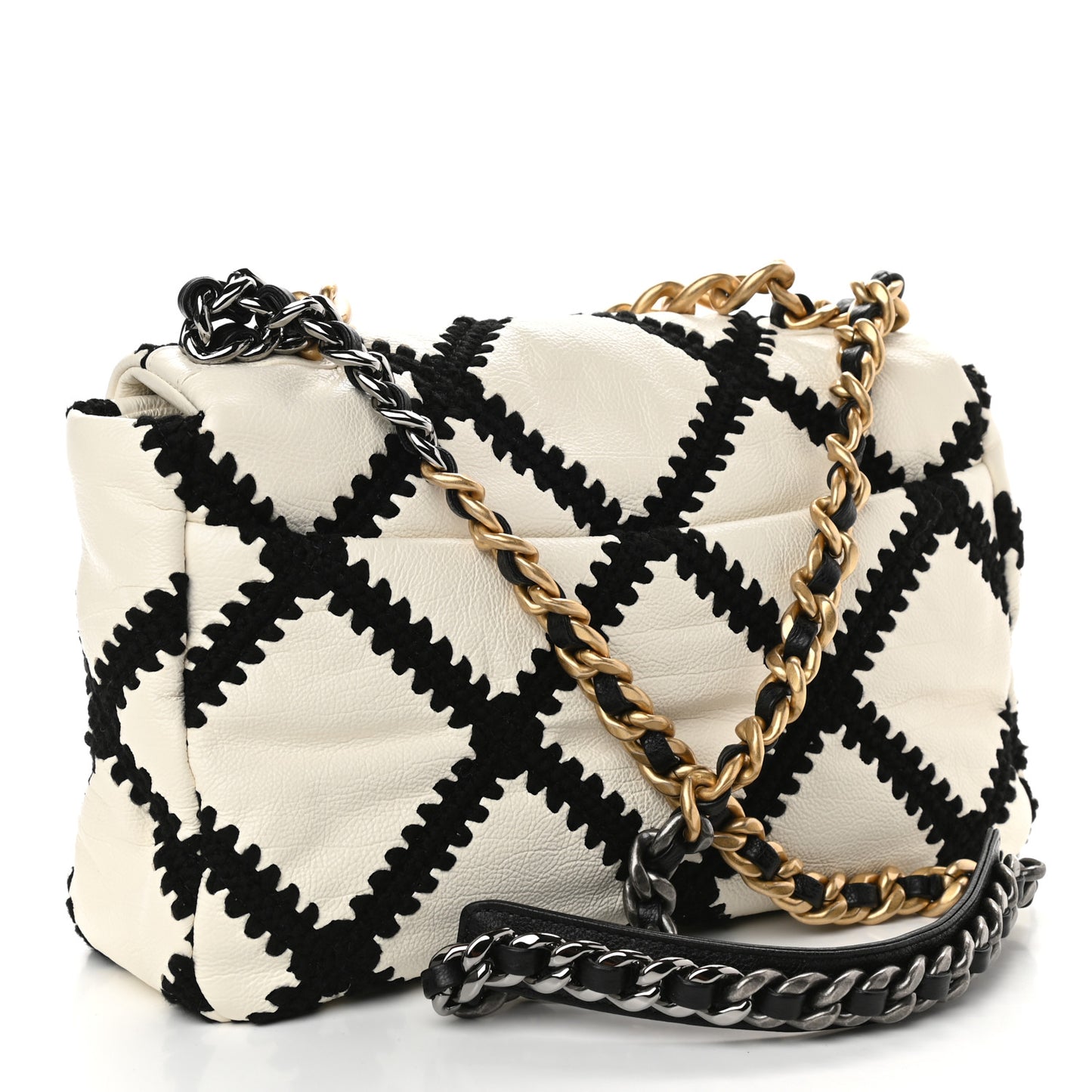 Calfskin Crochet Large Chanel 19 Flap White Black