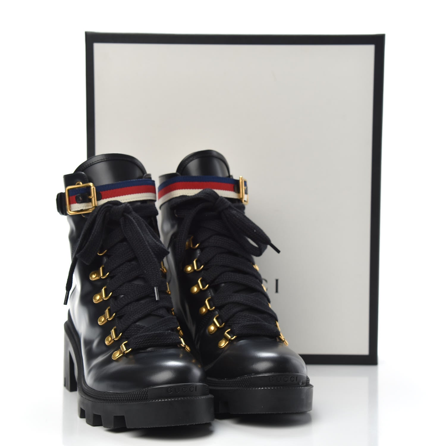 Gucci Calfskin Womens Sylvie Web Lace Up Combat Boots 41 Black 8 of 8