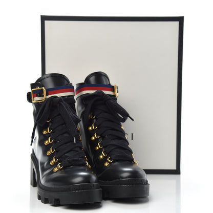 Gucci Calfskin Womens Sylvie Web Lace Up Combat Boots 41 Black 8 of 8