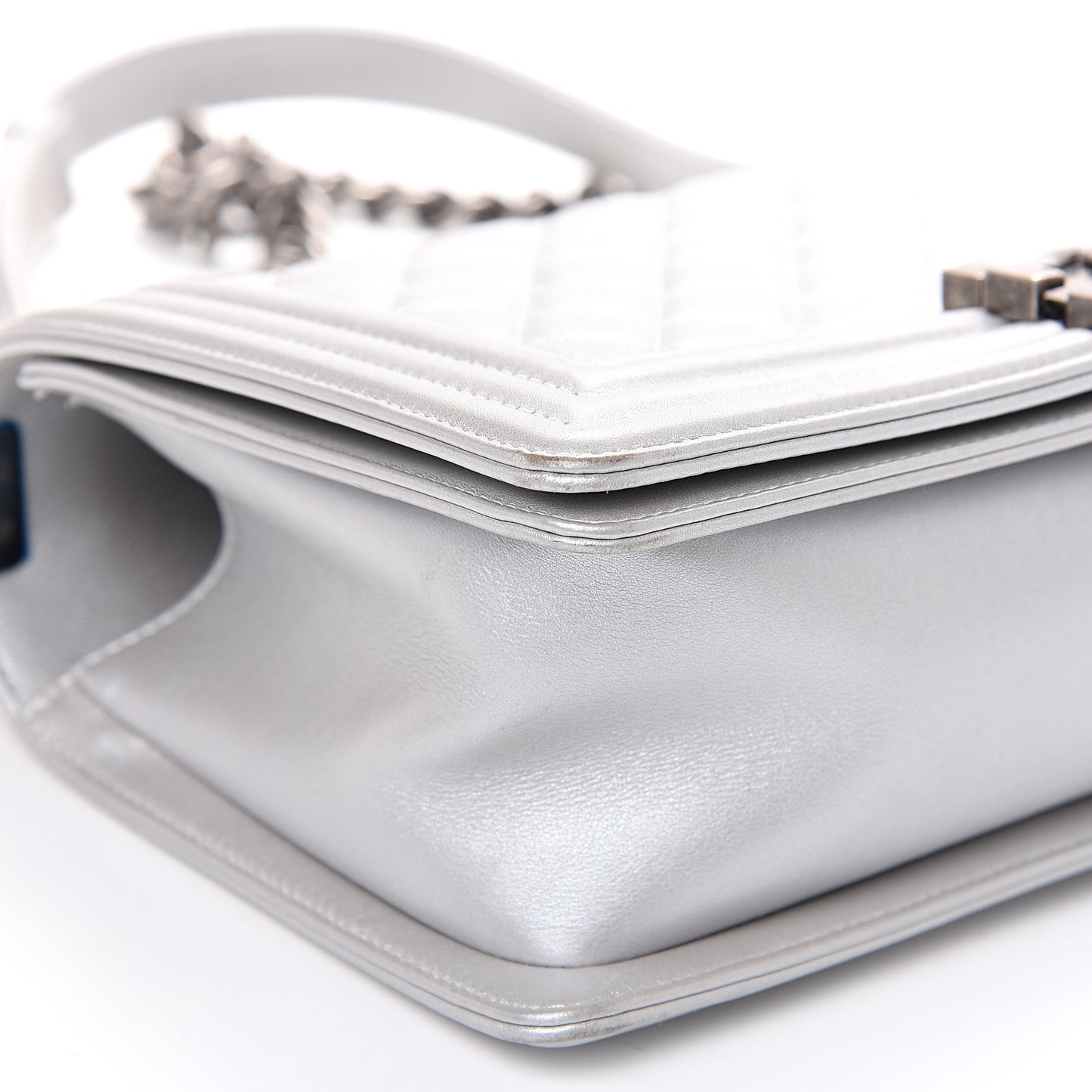 Metallic Calfskin Quilted Medium Boy Flap Silver