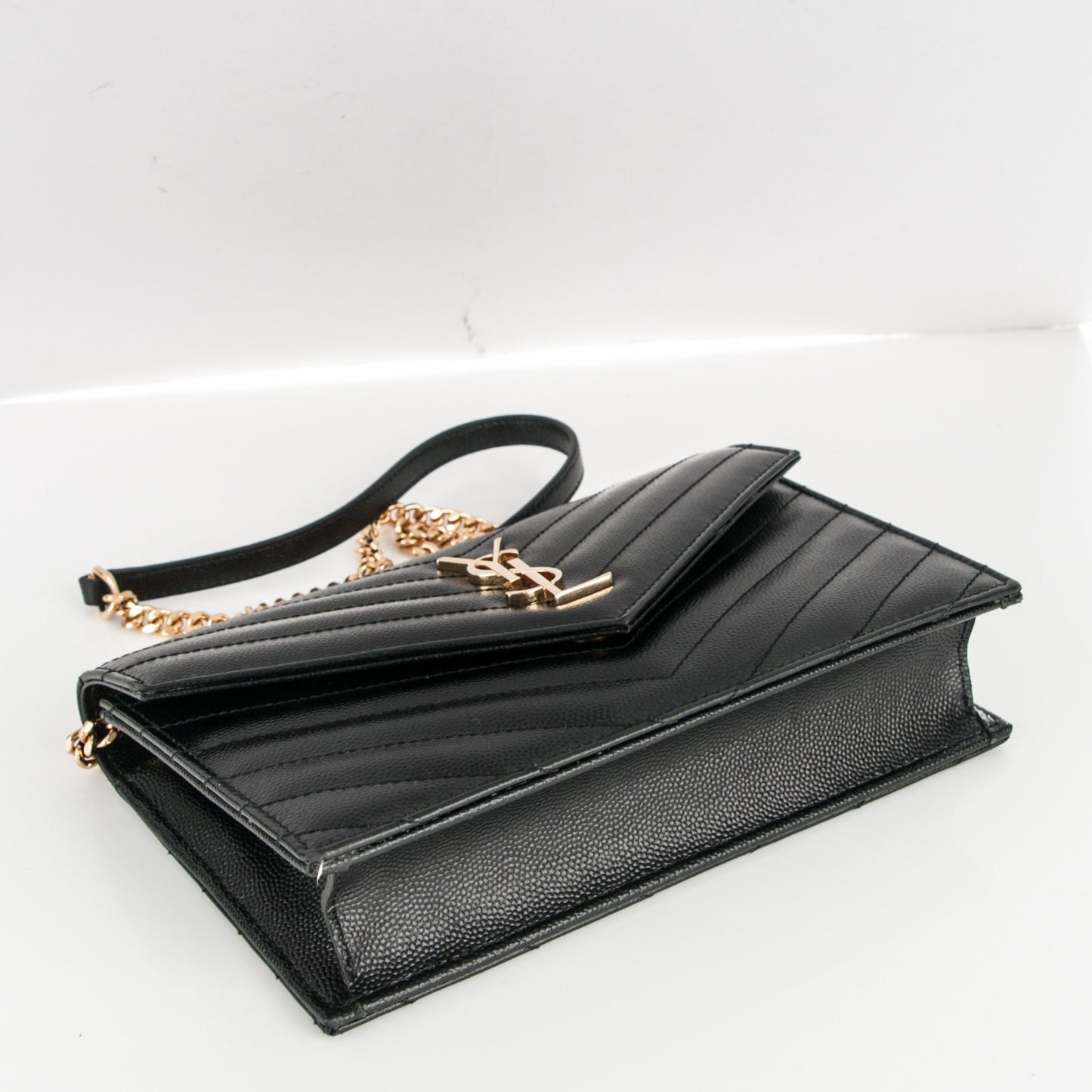 Grain De Poudre Matelasse Chevron Monogram Envelope Chain Wallet Black